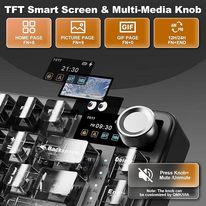 YUNZII B75 PRO MAX QMK/VIA Wireless Mechanical Keyboard75% Layout with Screen and KnobCustom Hot Swap GasketCreamy Pre-lubed SwitchesBluetooth/Type-C/2.4G for Win/Mac (BlackCocoa Cream V2 Switch)