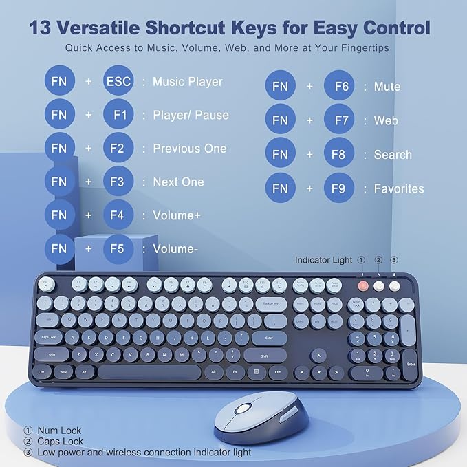 Wireless Keyboard and Mouse Combo Retro Typewriter Keyboard with Round Keycaps Full-Size Ergonomic Blue Ideal for Windows PC Home Office and College Wireless Keyboard Mouse Combo