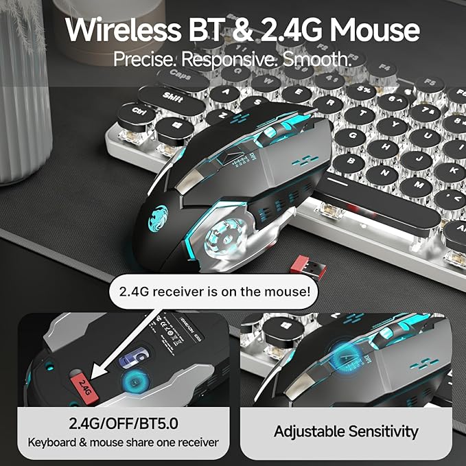 EWEADN TK950 Typewriter Mechanical Keyboard and Mouse 104 Keys Aesthetic Typewriter Keyboard Mouse Combo with White Backlit Anti-Ghosting Black Switch Bluetooth/2.4GHz/Wired Cute Keyboards-Black
