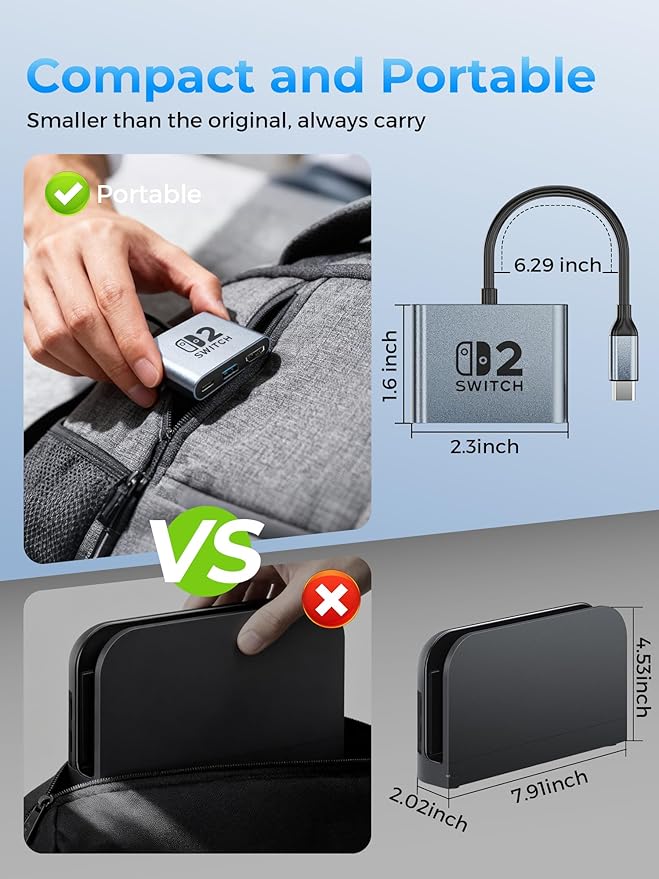 Switch 2 DockPortable USB C Docking Station with 4K@120Hz/PD 100W/USB 3.0 PortAluminum Alloy Travel TV Dock for Switch/Steam Deck/ROG Xbox Ally X/Legion Go 1/2/S