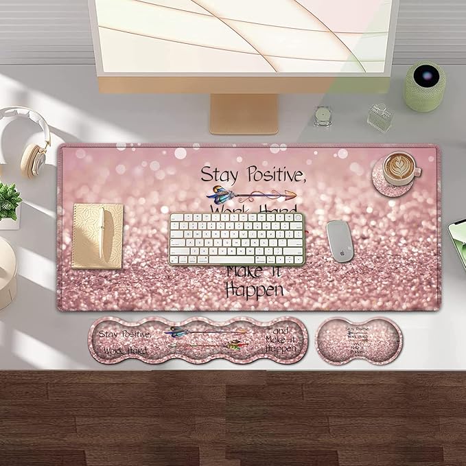 Large Gaming Mouse PadExtended Office Desk MatWaterproof Desk Writing Pad for Home Ergonomic Mouse &ampKeyboard Wrist RestWork Hard Inspirational Quotes Laptop Desk Pad Pink Mousepad Wrist Support