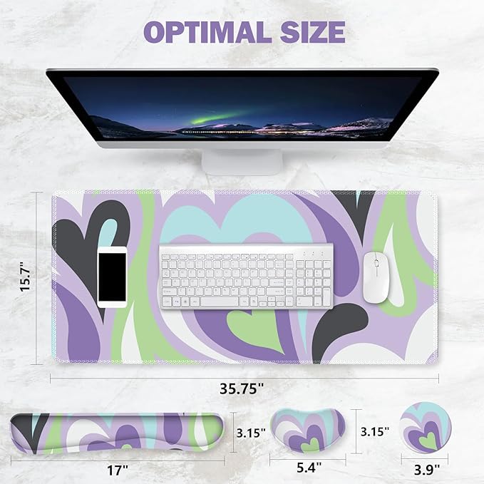 ToLuLu Extended Gaming Mouse Pad Memory Foam Ergonomic Keyboard Mouse Wrist Rest Support Set Large Desk Mat with Stitched Edges Non-Slip Base Mousepad for Home Office Game Study Purple Hearts