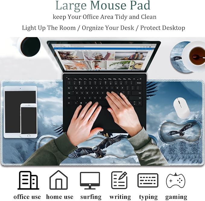 4 in 1 Mouse Pad Combo Large Gaming Mouse Pad + Keyboard Wrist Support + Mouse Wrist Rest + Coaster Table Pad 31.5 x 11.8 with Memory Foam Ergonomic Wrist Pad Set Eagles in The Sky