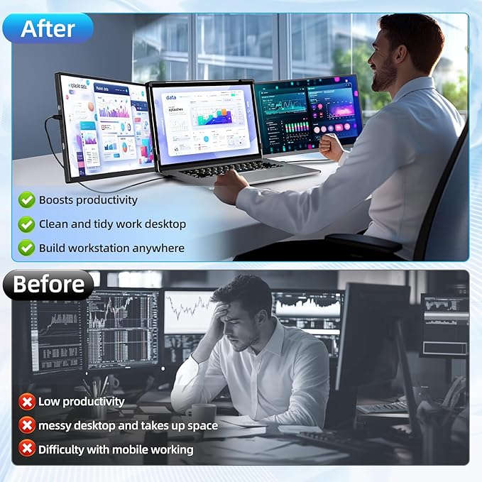 Laptop Screen Extender Monitor Portable - 2.5K Triple Laptop Screen Extender Plug and Play Multiple Screens Extended Fits 13-17.3 Inch Laptops Compatible with Windows Chrome Dex