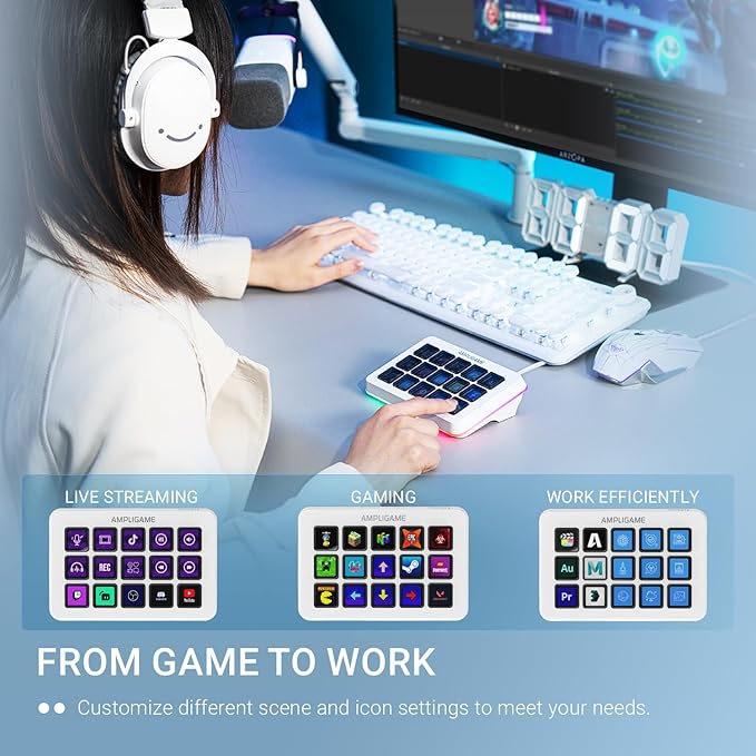 FIFINE AmpliGame Gaming Controller with 15 Shortcuts for OBS Streaming Studio with Macro Keys Trigger Actions PC Media RGB Controller for Content Creation/Office Work-D6 White