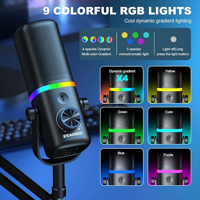 Aokeo AK-10 USB Gaming Microphone with mic arm Condenser Microphone for PC/MAC/PS4/PS5/Phone-Cardioid Mic with RGB Lighting（White）