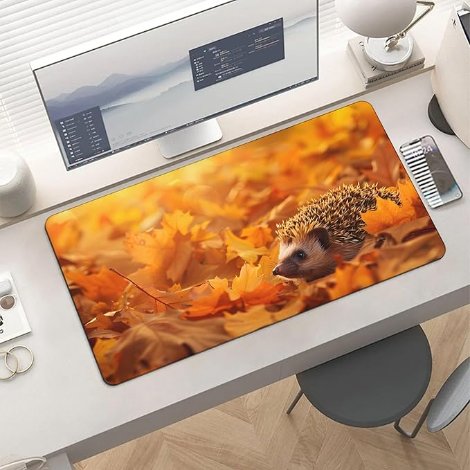 XXL Gaming Mouse Pad Animal Hedgehog Maple Leaf XXL Gaming Mouse Pad Large Desk Mat Protector for Desktop Anti-Slip Rubber Extended Computer Keyboard Mat Writing Pad 15.7 * 35.4 inB-1771