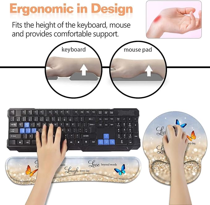 Keyboard Wrist Rest + Mouse Pad Wrist Support Set with Coasters Non-Slip PU Base Ergonomic Mousepad for Home Office Working Studying Easy Typing &amp Pain Relief Glitter Quote Live Laugh Love