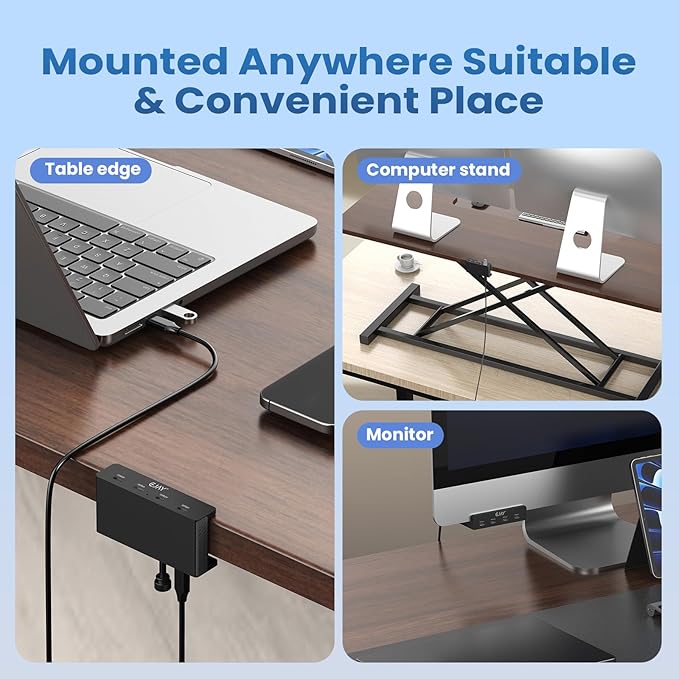 EJAY 4-Port 10Gbps USB 3.2 Hub with Clamp Mount Aluminum Docking Station for MacBook/Desktop Dual Cable USB Splitter for Monitors USB C Hub Stable Data Transfer for Creators Black