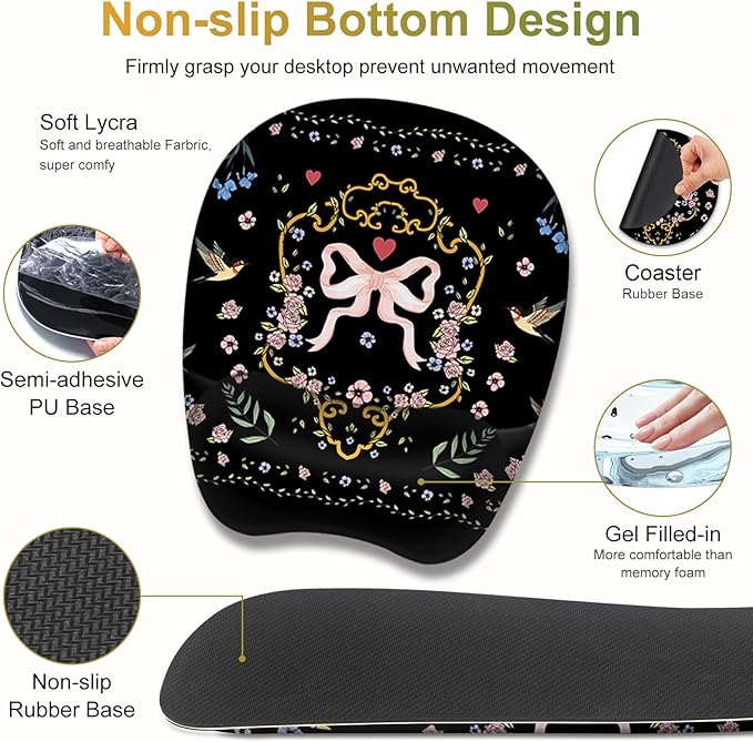 Mouse Pad with Wrist Support 4 in1 Set XXL Big Game Mousepad + Keyboard Wrist Rest + Mouse Wrist Rest Pad +Coaster Gaming Mat for Home Office Work Computer Laptop I Vintage Floral Romantic Bow