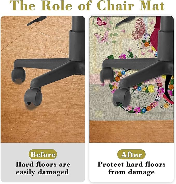 Multicolor PU Leather Round Area Rug Swivel Chair Mats for Hardwood Floor Flowers Butterflies Leaves Branches Image Floor Protector Office Chair Mat Gaming Chair Mat Bicycle Girl Diameter 39.4 in