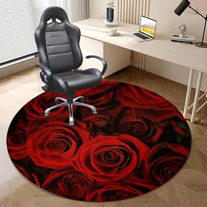 Red Black PU Leather Desk Chair Mat for Hard Floors Roses Bouqet of Affection Premium Floor Protector Mat Desk Rug Wood/Tile Protection Mat for Office Home Dark Red Image Diameter 35.4 in