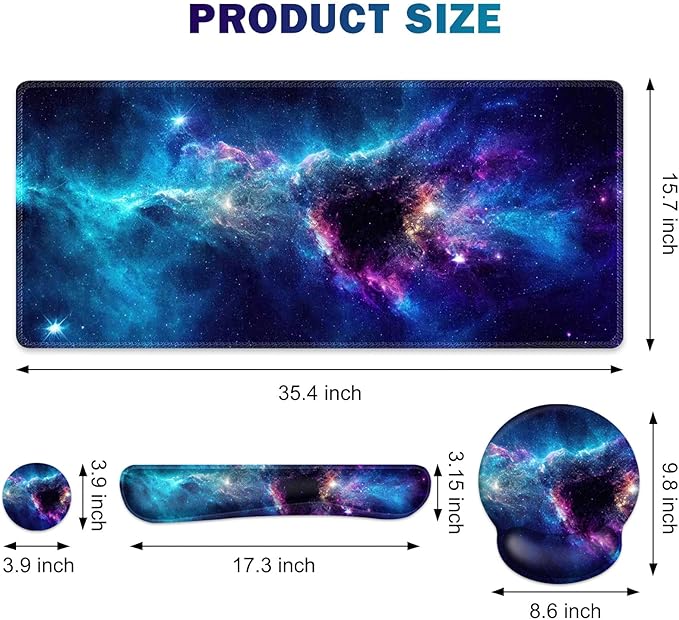 Gaming Mouse Pad Large Desk Mat Cute Desk Pad Protector 4in1 XXL Mousepad + Keyboard Wrist Rest+Mouse Wrist Rest+Coaster Set with Ergonomic Desk Pad for Home Office Table Computer Galaxy Space