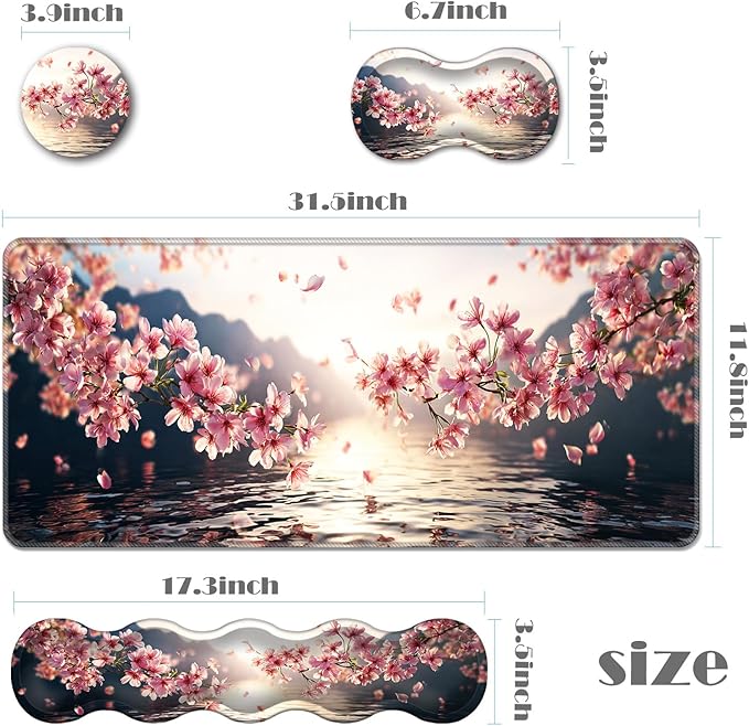 Ergonomic Keyboard Wrist Rest &amp Mouse Pad Wrist Rest SetXL Gaming Desk Mat 31.5x 11.8Non-Slip BaseMemory FoamEasy Typing Pain Relief for Office &amp HomeCherry Blossoms Over Water
