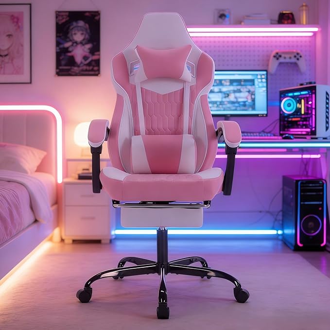 Gamer Chair Computer Chair Gaming with Adjustable Headrest Lumbar Support Ergonomic Rotatable Seat for Living Rooms Bedrooms and Offices (Pink)