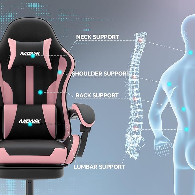 Gaming Chair Ergonomic Computer Chair with Footrest and Lumbar Support Height Adjustable Game Chair with 360°-Swivel Seat and Headrest and for Office or Gaming Blackpink