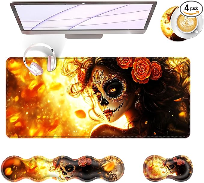 Large Keyboard Mouse Pad Set Extended Mouse Pad+Keyboard Wrist Rest Support Memory Foam Ergonomic Easy Typing 4Pcs (31.5×11.8 in) Desk Pad Set for Office HomeSkull Woman with Rose