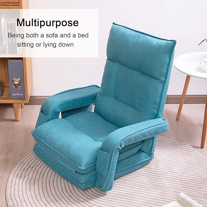 Folding Chaise Lounge Chair with Armrest 6 Adjustable Positions Indoor Floor Chair for Living Room Bedroom BalconyComfy Gaming Recliner Chair Padded Seats for Adults (Blue)