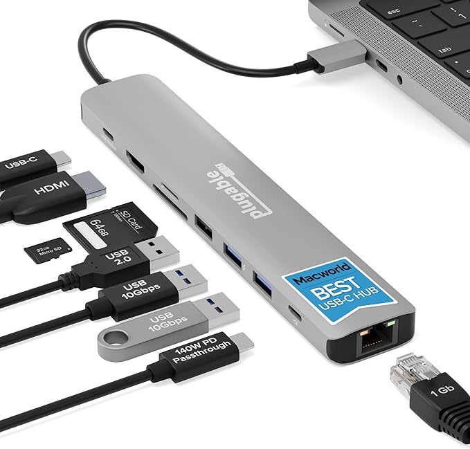 Plugable USB C Hub Multiport Adapter: 9-in-1 with 140W PD Charging 4K 60Hz HDMI 10Gbps Data Transfer Gigabit Ethernet SD for USBC USB4 Thunderbolt MacBook Windows Chromebook (USBC-9IN1E)