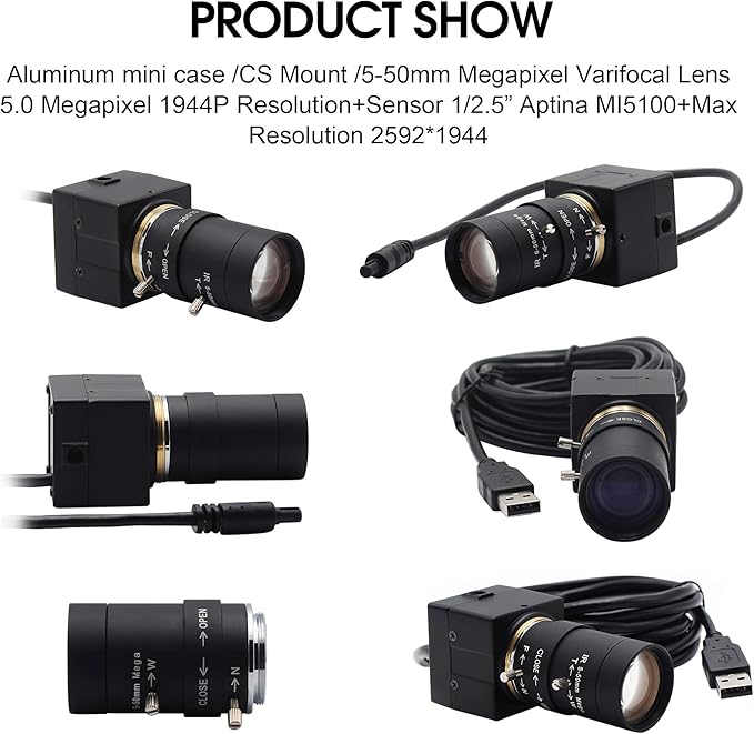 5mp USB Camera with Zoom 5-50mm Lens Webcam Variable Focus PC Camera Mini UVC USB2.0 USB with Camera for Computer Manual Zoom Close-up Camera Industrial Varifocal Web Camera for Raspberry Pi Laptop