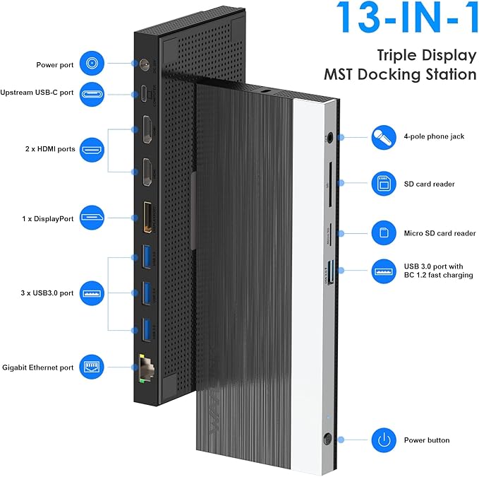 WAVLINK USB C Docking Station 4K Triple Display (2 HDMI + 1 Displayport) with 100W PC Charging Gigabit Ethernet 4 USB 3.0 SD/TF Card Slot Audio for Dell HP MacBook Lenovo and Other USB C Laptops