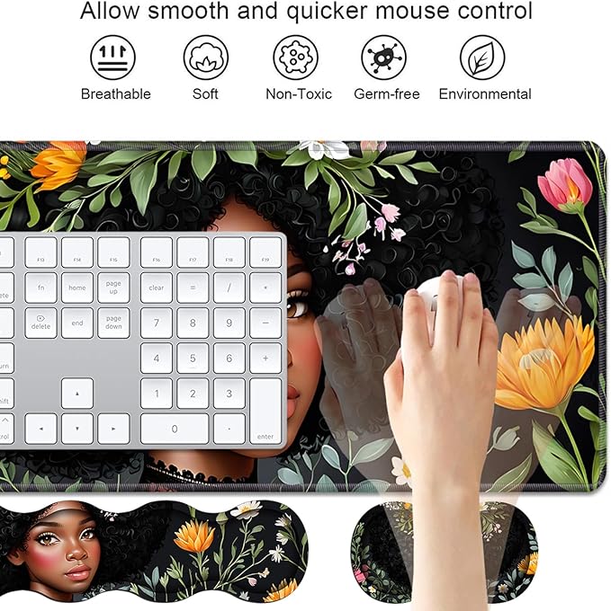 4 in 1 Ergonomic Keyboard Wrist Rest &amp Mouse Pad Wrist Rest Set Large XXL Gaming Desk Mat 31.5x 11.8 with Non-Slip Base Memory Foam for Home Office Study Gaming American Black Girl