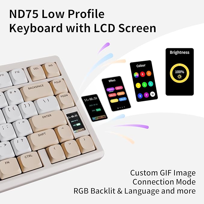 Mechanical Keyboard Chilkey ND75 LP Wireless Gaming Keyboard with LCD Screen Bluetooth 5.3/2.4G/USB-C Hot Swappable Per-Key RGB Custom Thin Front Wrist Rest Full-Aluminum PC/Mac Support