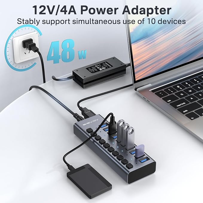 Powered USB 3.2 Hub ACASIS 10 Ports USB 3.2 Hub with 10Gbps Data Speed Aluminum Housing USB Hub Powered with 48W Power Adapter USB Hub for PC/Laptop Computer Flash Drive Printer Camera