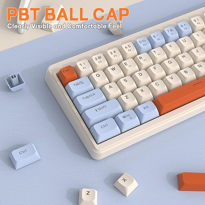 M68 65% Wireless Gaming KeyboardBluetooth/2.4GHz/ Wired Tri-Mode Silent Membrane KeyboardPBT Keycaps2000mAH Rechargeable67 Keys Rainbow LED Backlit PC Gaming Keyboard for Win/Mac-Blueberry