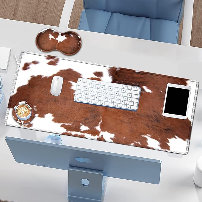 Large Gaming Mouse Pad Extended Waterproof Desk Pad Protector (31.5 x 11.8) Ergonomics Memory Foam Mouse Wrist Rest Supportfor Home Office Laptop Easy TypingBrown White Cowhide Fur XXL Mouse Mat