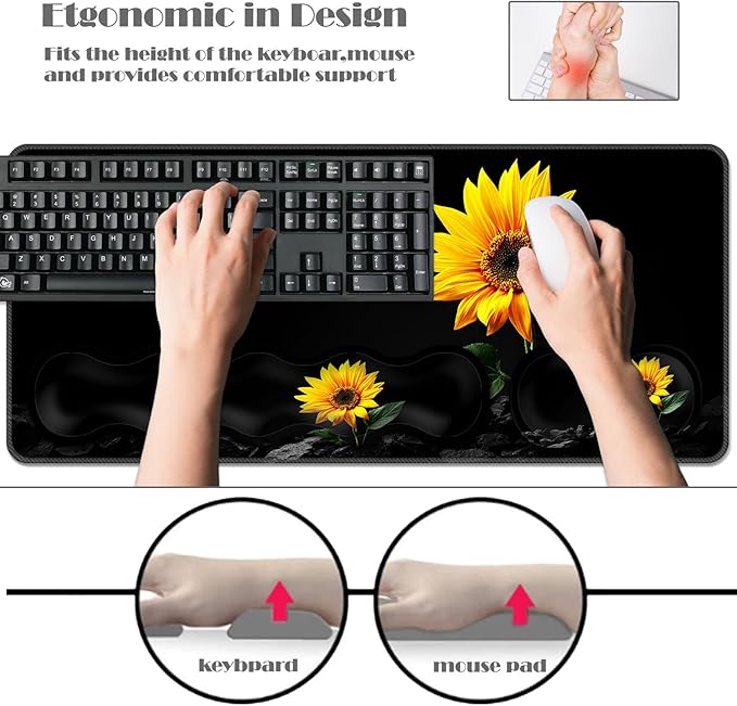 Ergonomic Keyboard Wrist Rest &amp Mouse Pad Wrist Rest SetXL Gaming Desk Mat 31.5x 11.8Non-Slip BaseMemory FoamEasy Typing Pain Relief for Office &amp HomeSunflower