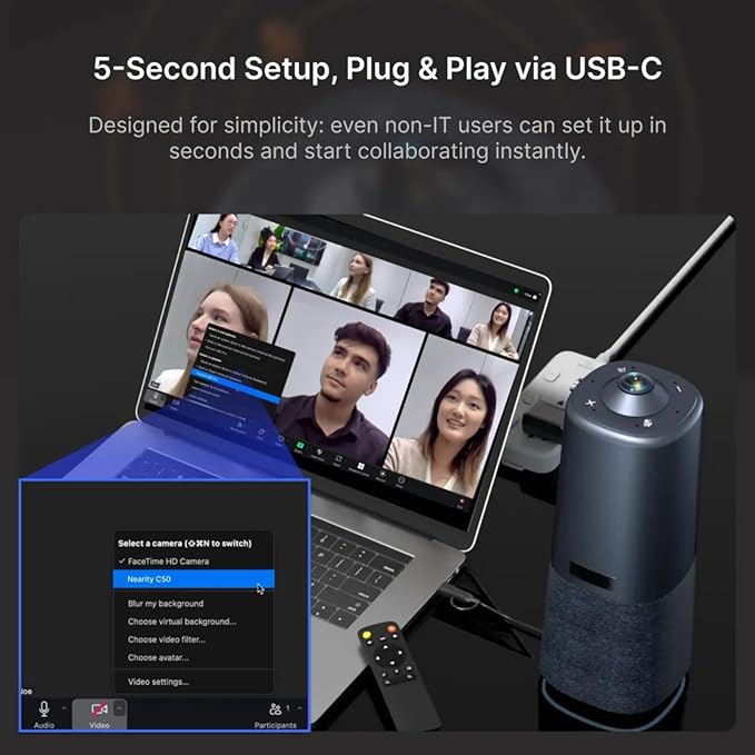 NEARITY C50 Conference Webcam with Microphone and Speaker 360-Degree Video Conferencing Camera 3 AI Modes All in One Video Conference Camera for Office