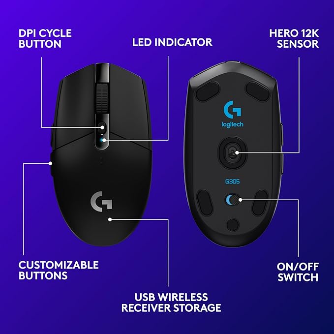 Logitech G305 Lightspeed Wireless Gaming Mouse Hero Sensor 12000 DPI Lightweight 6 Programmable Buttons 250h Battery On-Board Memory Compatible with PC Mac - Black