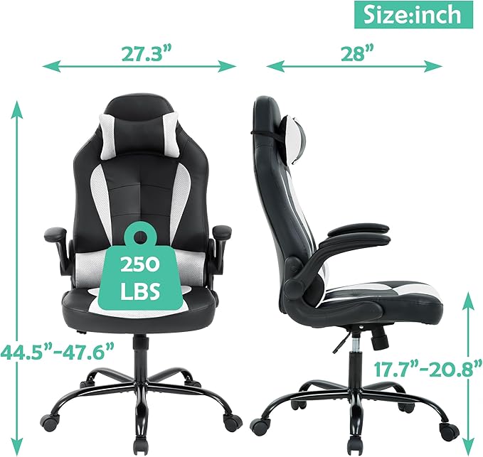 High Back PU Leather Office &amp Gaming Racing Chair - Comfortable &amp Heavy Duty - Headrest &amp Lumbar Support - Height Adjustable - Big &amp Tall Size - White
