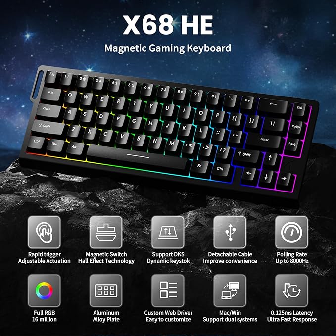ATTACK SHARK X68 HE 8000Hz Rapid Trigger Keyboard 0.01mm RT Accuracy Wired Gaming Keyboard with Magnetic Switch Adjustable Actuation Rapid Trigger Snap Tap RGB Lighting for PC/Mac Black