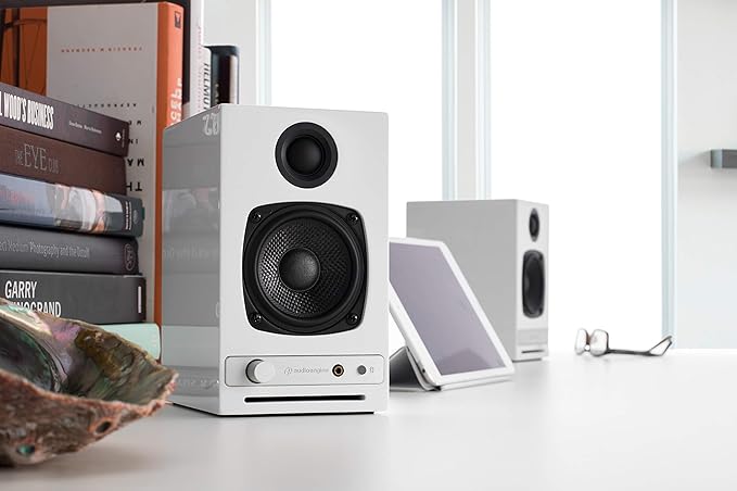 Audioengine A2 HD (HD3) White 60 Watt Pc Speakers for Desktop and S6 White Subwoofer for Music Gaming Movies Studios Dorms Bedrooms Offices