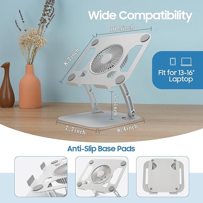 SHUWEI Laptop Cooling Stand with 3 Speed Fan Adjustable Height &amp Angle Carbon Steel Framework Ultra-Quiet &amp Super Sturdy for up to 16”Laptop - Black