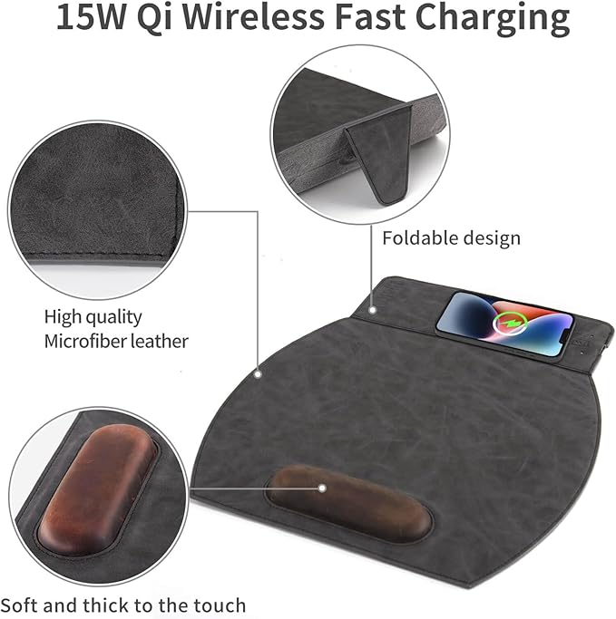 Magnetic Wireless Charging Mouse Pad with Ergonomic Design Mousepad with Wrist Support Foldable Mousepad with Wrist Rest for Computer Laptop Office &amp Home 14 x 12.1 in Grey