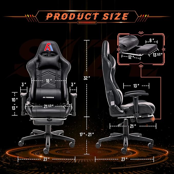 AA Products Gaming Chair Ergonomic High Back Computer Racing Chair Adjustable Office Chair with Footrest Lumbar Support Swivel Chair - Black
