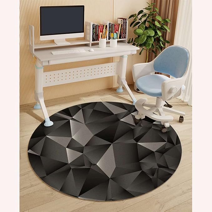 Black Grey PU Leather Round Area Rug Swivel Chair Mats Stripe of Triangles Geometry Hardwood Floor Washable Waterproof Spill Mat Anti-Slip Floor Protector Abstract Fractal Diameter 35.4 in