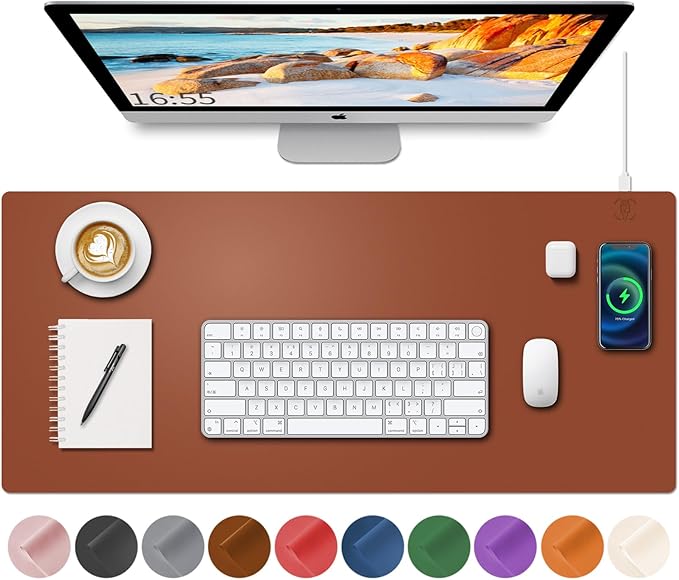 Desk Mat with Wireless Charging Brown Mouse Pad with Wireless Charger Desk Pad Matt for Desktop Mousepad Gaming Large Mouse Pad Leather Compute for Keyboard and Mouse 32 x 16