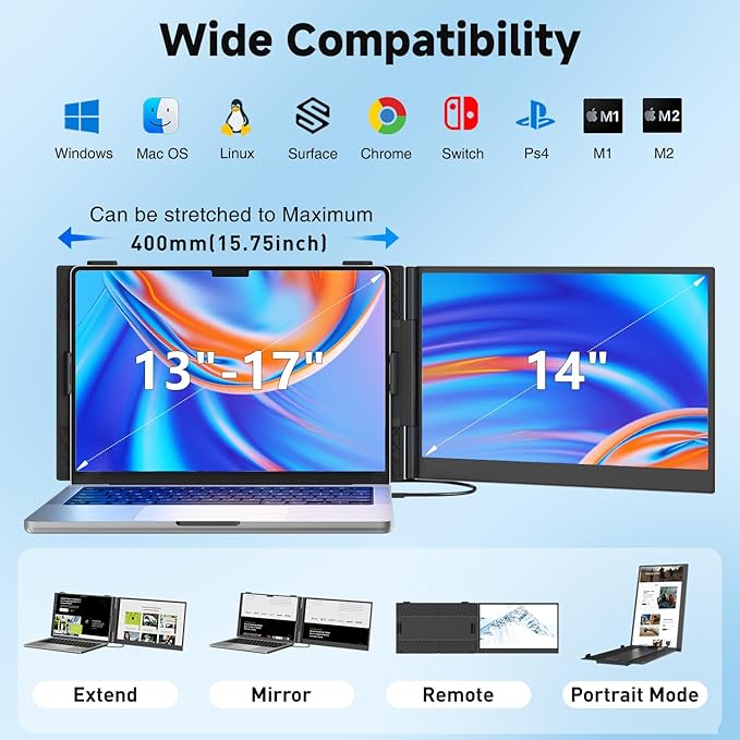 KEFEYA Laptop Screen Extender 14 FHD 1080P Portable Monitor for Laptops 0.19 Ultra-Thin Laptop Monitor Extender for 13-17 with USB-C/HDMI Port Plug n Play for Windows/Mac/Android/Switch/PS5