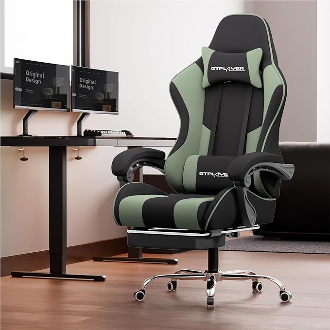 GTPLAYER Gaming Chair Computer Chair with Footrest and Lumbar Support Height Adjustable Game Chair with 360°-Swivel Seat and Headrest and for Office or Gaming (Green Fabric)