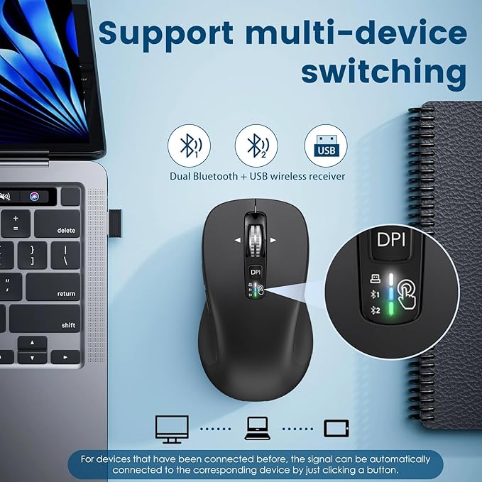 Wireless Bluetooth Mouse (USB + BT1 + BT2) Full Size 4-Way Scrolling Multi-Device Silent Mouse for Computer Laptop iPad MacBook (Black)