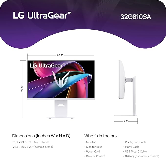 LG 32G810SA-W 32-inch Ultragear 4K UHD (3840 x 2160) IPS Gaming Monitor 144Hz 1ms NVIDIA G-Sync Compatible AMD FreeSync Premium VESA DisplayHDR 400 HDMI DisplayPort USB Type-C White