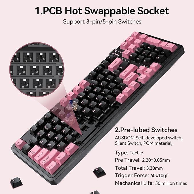 AUSDOM 98Pro Silent Wireless Mechanical Keyboard Tri-Mode BT/2.4G/USB-C Hot Swappable Custom Quiet Keyboard with Backlit Gasket Structure PBT KeycapsPre-lubed Tactile Switches(Black &amp Pink-Sil