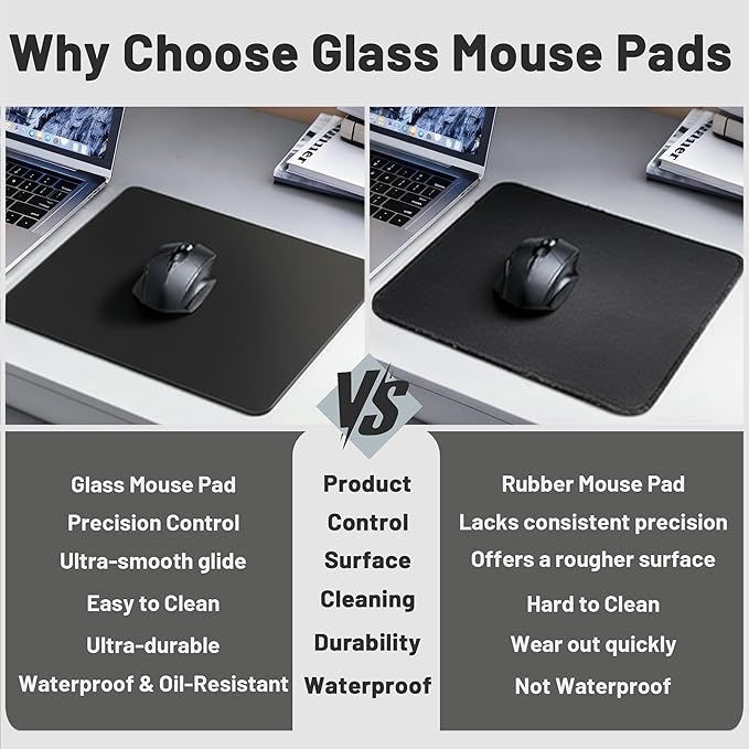 Glass Gaming Mouse Pad Hard Mousepad for Gaming 13.7” x 9.8” Ultra-Smooth Micro-Etched Surface Mousepad Improved Precision &amp Speed Anti-Slip Base Black