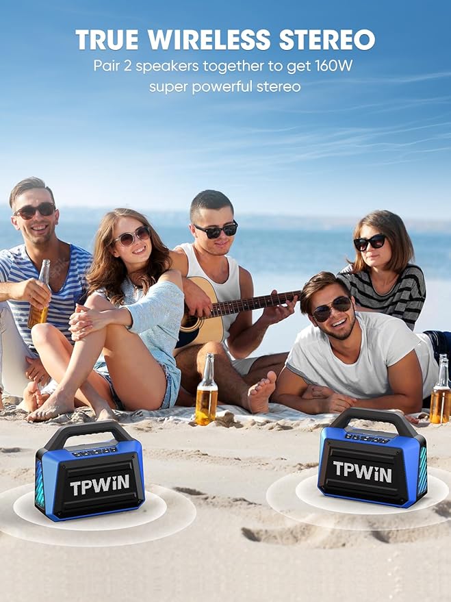 Portable Bluetooth Speakers Loud - Wireless Speaker 80W Peak Light Show 20H Playtime Strong Bass BT 5.3 TWS IPX6 Waterproof for Outdoor Travel Beach Camping - Blue