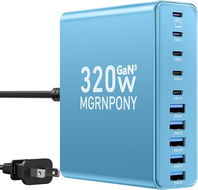 320W USB C Charger Block 10-Port USB C Charging Station GaN III PD 65W PC Laptop Fast Charger Adapter for MacBook Pro/Air DELL iPad iPhone Samsung Galaxy (Light Blue)