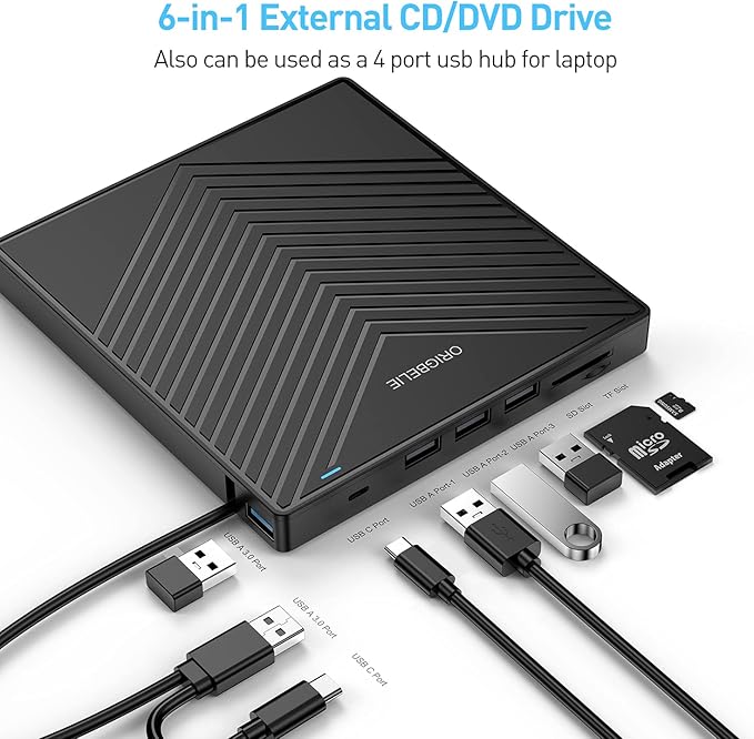 External CD DVD Drive Ultra Slim CD Burner USB 3.0 with 4 USB Ports and 2 TF/SD Card Slots Optical Disk Drive for Laptop Mac PC Windows 11/10/8/7 Linux OS with Carrying Case